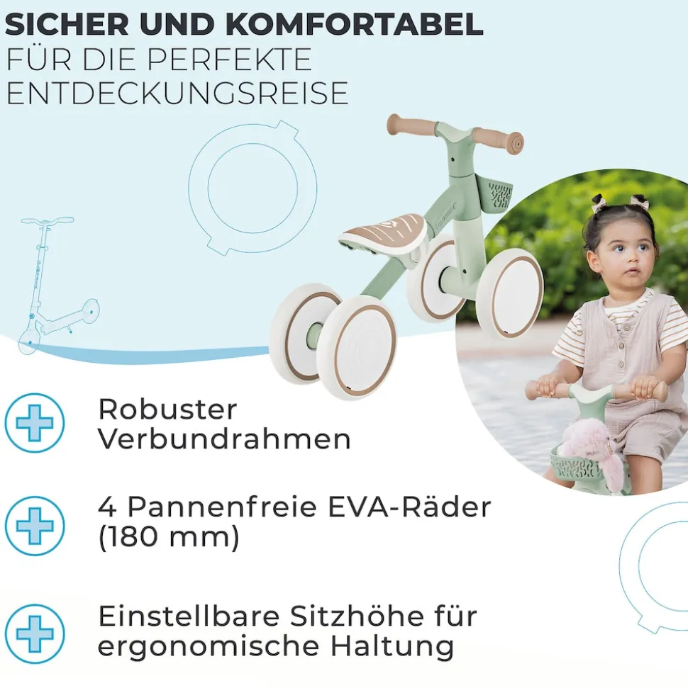 GLOBBER LEARNING BIKE – Aufsitzrad, Lernrad, 7 Zoll EVA-Bereifung, 4-rädrig, Sattel höhenverstellbar, salbei grün