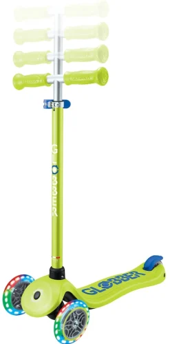 GLOBBER PRIMO PLUS LIGHTS – Tretroller Kinder, 120/80mm, ABEC 9, 3-rädrig, höhenverstellbar, LED-Leuchtrollen, lime grün