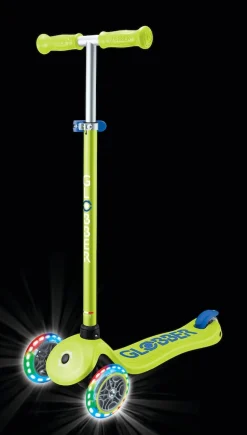 GLOBBER PRIMO PLUS LIGHTS – Tretroller Kinder, 120/80mm, ABEC 9, 3-rädrig, höhenverstellbar, LED-Leuchtrollen, lime grün