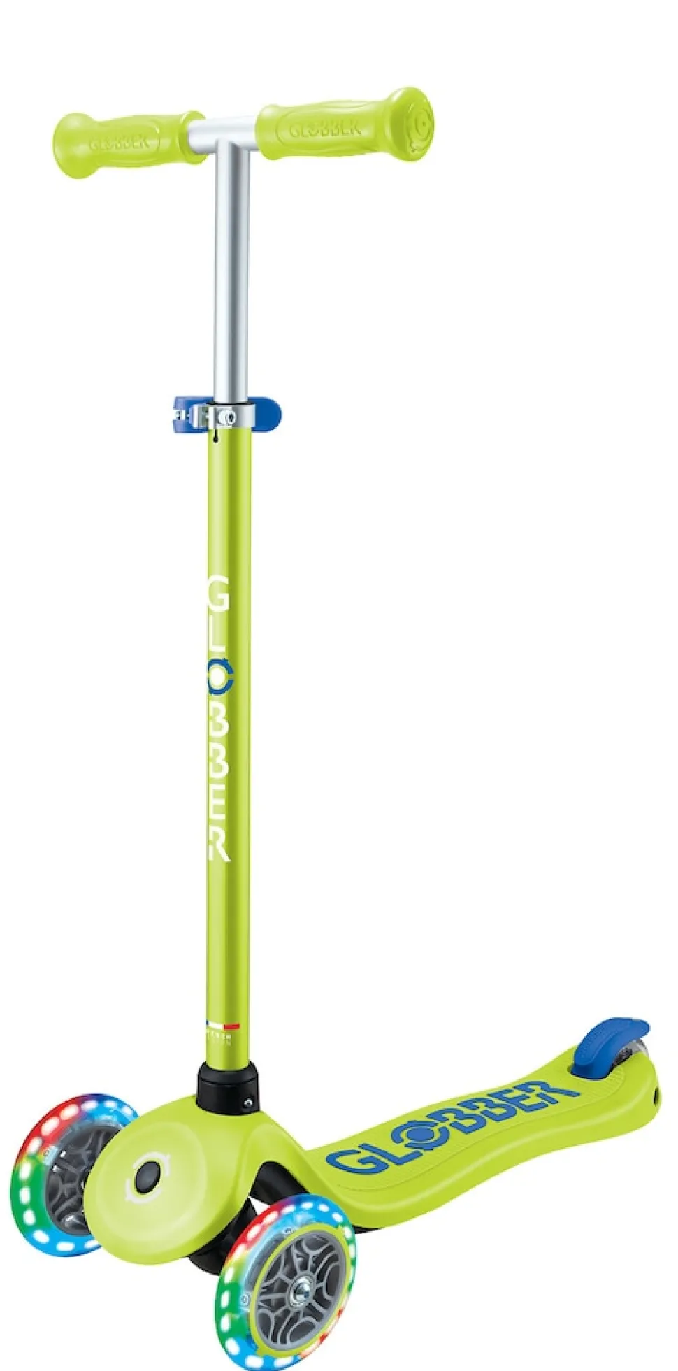 GLOBBER PRIMO PLUS LIGHTS – Tretroller Kinder, 120/80mm, ABEC 9, 3-rädrig, höhenverstellbar, LED-Leuchtrollen, lime grün