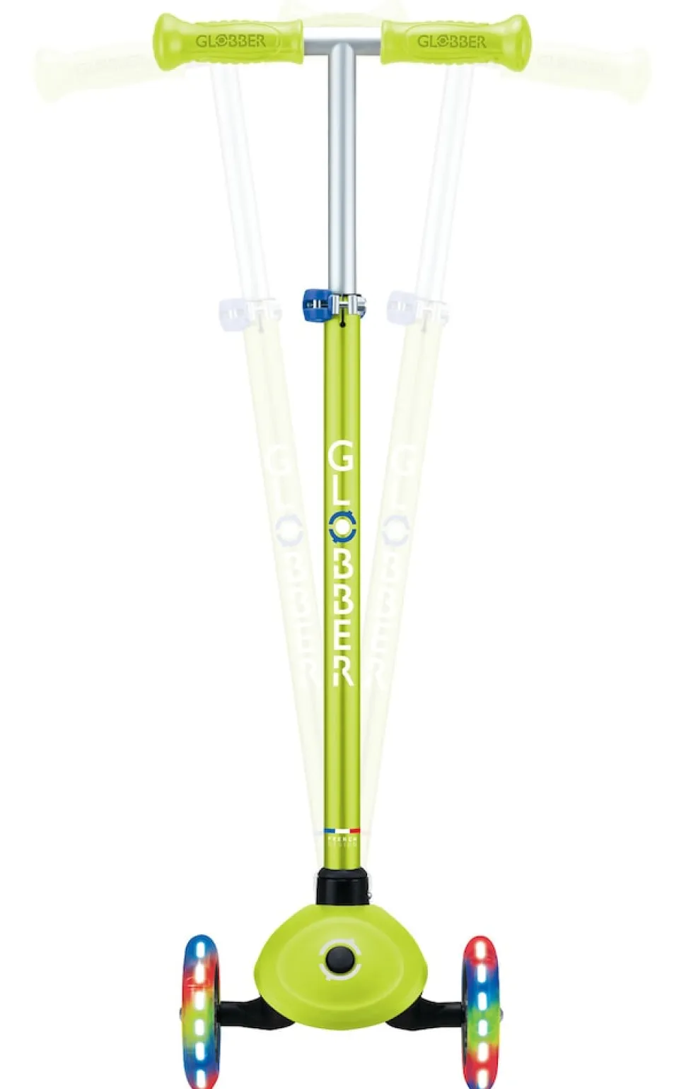 GLOBBER PRIMO PLUS LIGHTS – Tretroller Kinder, 120/80mm, ABEC 9, 3-rädrig, höhenverstellbar, LED-Leuchtrollen, lime grün