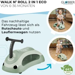 GLOBBER WALK N' ROLL 2in1 ECO – Lauflernwagen, Schiebeauto, Rutschauto, werkzeugloser Umbau, kippsicher, pistazie