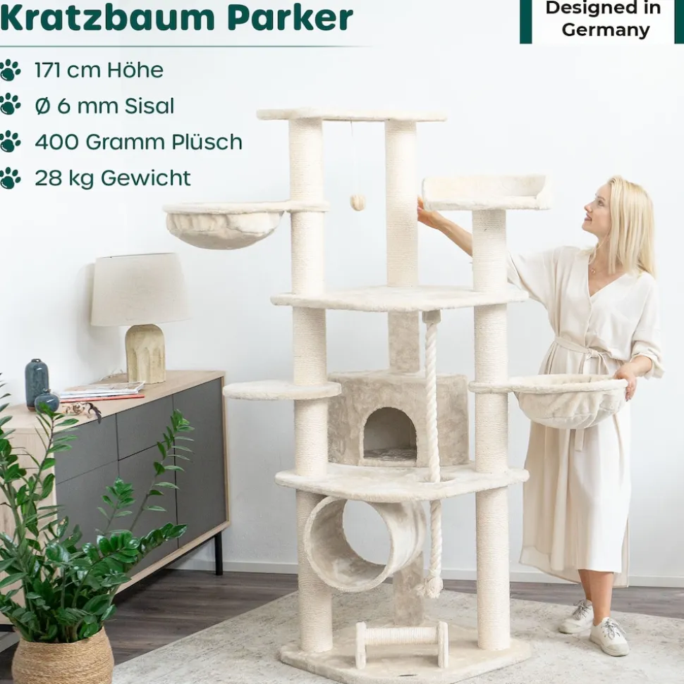 HAPPYPET Großer Kratzbaum Stabil 'Parker' 171 cm - XXL Katzenbaum | Creme