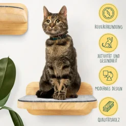 HAPPYPET Katzentreppen 3er-Set für Wandmontage - Nachhaltiges Hartholz, Designer Kletterwand Katzen, Katzentreppe mit Filzbezug, Katzenleiter, Katzenwand zum Klettern, Catwalk | Natur 3x Stufen L