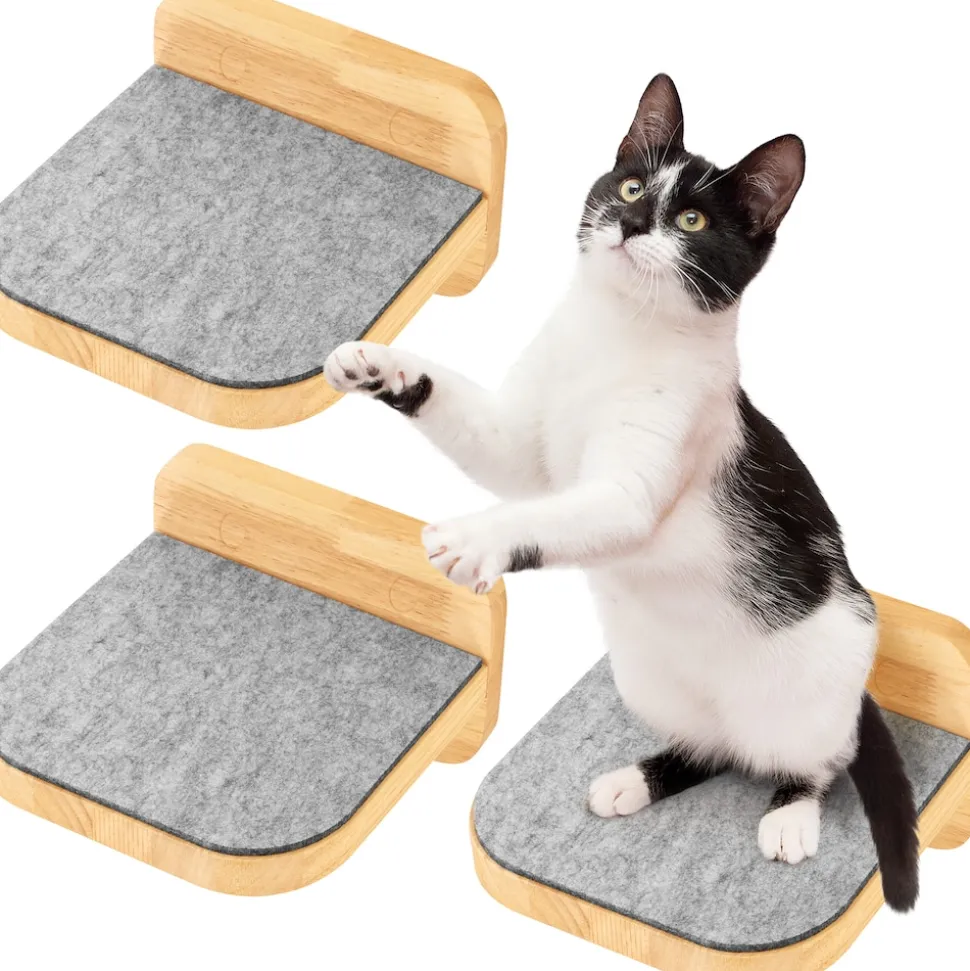 HAPPYPET Katzentreppen 3er-Set für Wandmontage - Nachhaltiges Hartholz, Designer Kletterwand Katzen, Katzentreppe mit Filzbezug, Katzenleiter, Katzenwand zum Klettern, Catwalk | Natur 3x Stufen L