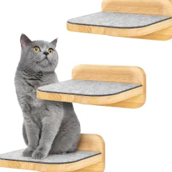 HAPPYPET Katzentreppen 3er-Set für Wandmontage - Nachhaltiges Hartholz, Designer Kletterwand Katzen, Katzentreppe mit Filzbezug, Katzenleiter, Katzenwand zum Klettern, Catwalk | Natur 3x Stufen L