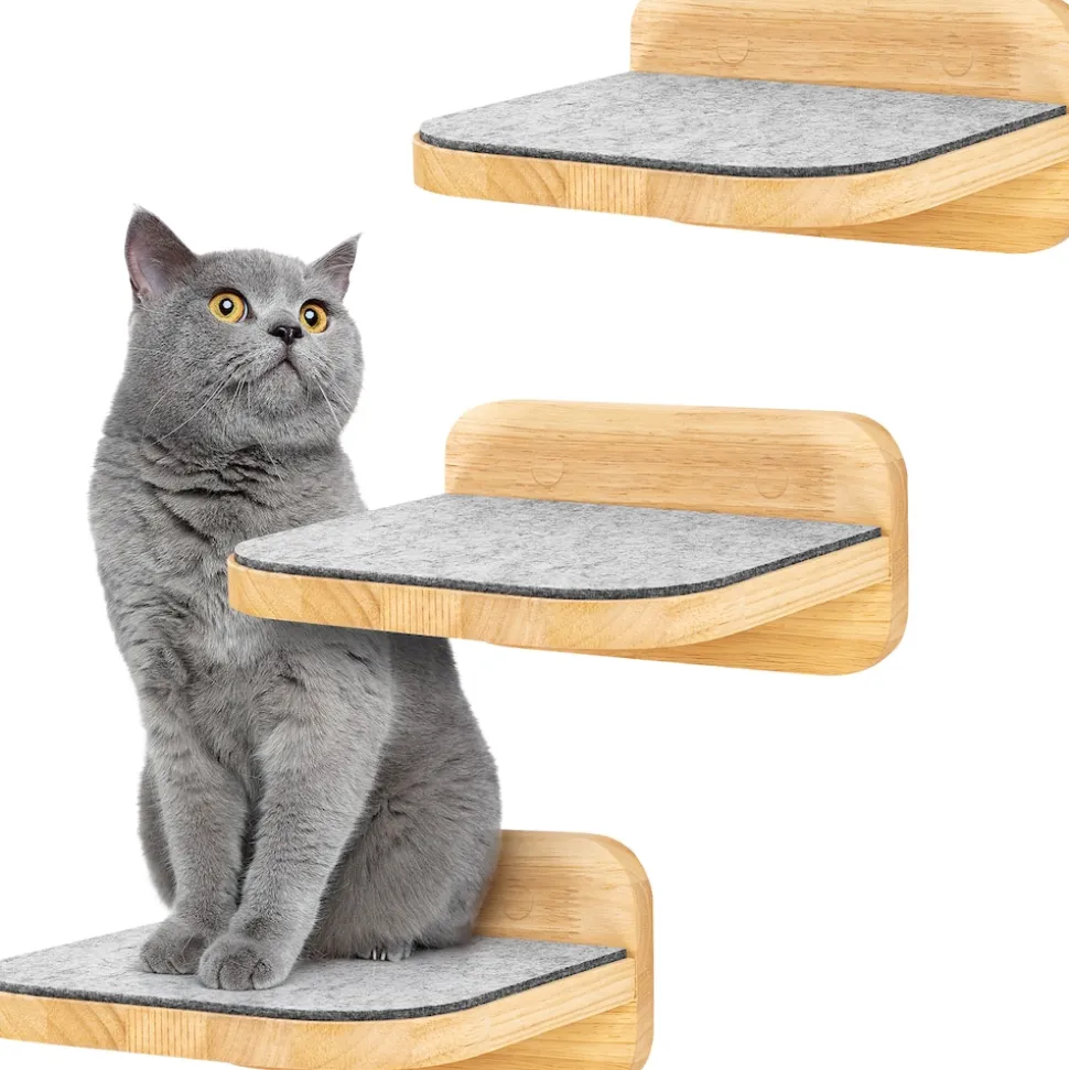 HAPPYPET Katzentreppen 3er-Set für Wandmontage - Nachhaltiges Hartholz, Designer Kletterwand Katzen, Katzentreppe mit Filzbezug, Katzenleiter, Katzenwand zum Klettern, Catwalk | Natur 3x Stufen L