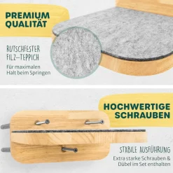 HAPPYPET Katzentreppen 3er-Set für Wandmontage - Nachhaltiges Hartholz, Designer Kletterwand Katzen, Katzentreppe mit Filzbezug, Katzenleiter, Katzenwand zum Klettern, Catwalk | Natur 3x Stufen L