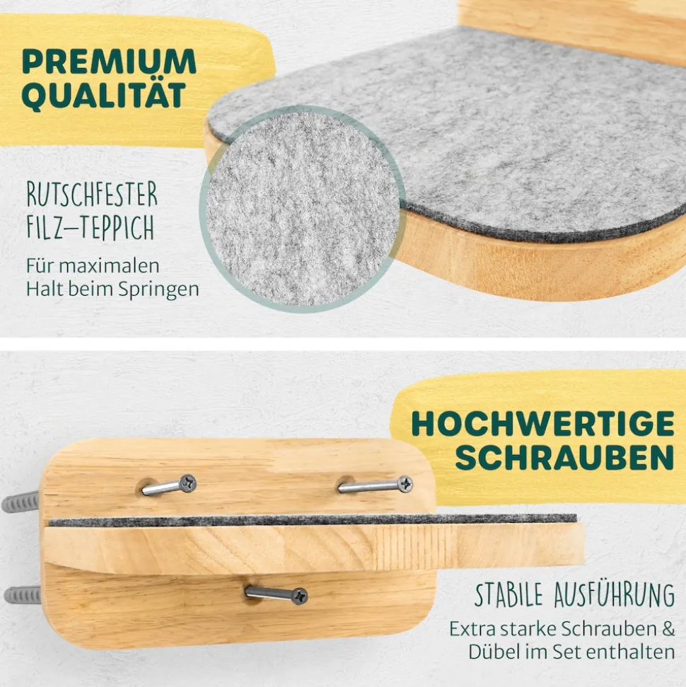 HAPPYPET Katzentreppen 3er-Set für Wandmontage - Nachhaltiges Hartholz, Designer Kletterwand Katzen, Katzentreppe mit Filzbezug, Katzenleiter, Katzenwand zum Klettern, Catwalk | Natur 3x Stufen L