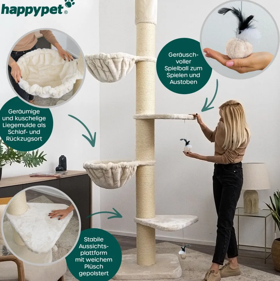 HAPPYPET Kratzbaum Grosse Katzen Stabil XXL Deckenhoch, 250 bis 275 cm | Creme Basic