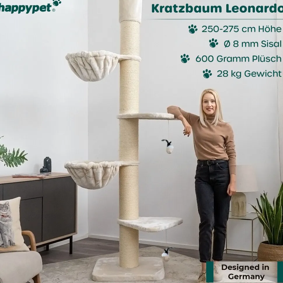 HAPPYPET Kratzbaum Grosse Katzen Stabil XXL Deckenhoch, 250 bis 275 cm | Creme Basic