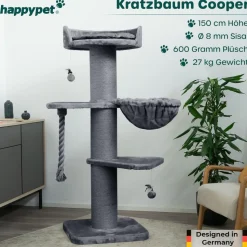 HAPPYPET Premium Kratzbaum Grosse Katzen Stabil 'Cooper' – 150 cm Großer Katzenbaum | Grau