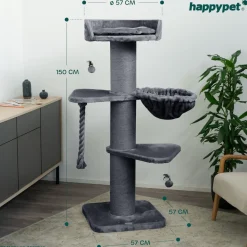 HAPPYPET Premium Kratzbaum Grosse Katzen Stabil 'Cooper' – 150 cm Großer Katzenbaum | Grau