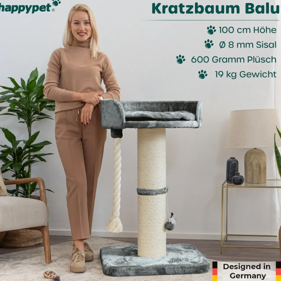 HAPPYPET Premium Kratzbaum Stabil für große Katzen Kletterbaum 100 cm | Grau BASIC