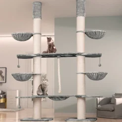 HAPPYPET XXL Kratzbaum-Landschaft für große Katzen - 2-in-1 Aktivitäts- und Sisal-Paradies mit Deckenspanner 280cm hoch | Premium Plüsch | Grau