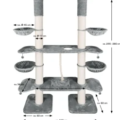 HAPPYPET XXL Kratzbaum-Landschaft für große Katzen - 2-in-1 Aktivitäts- und Sisal-Paradies mit Deckenspanner 280cm hoch | Premium Plüsch | Grau