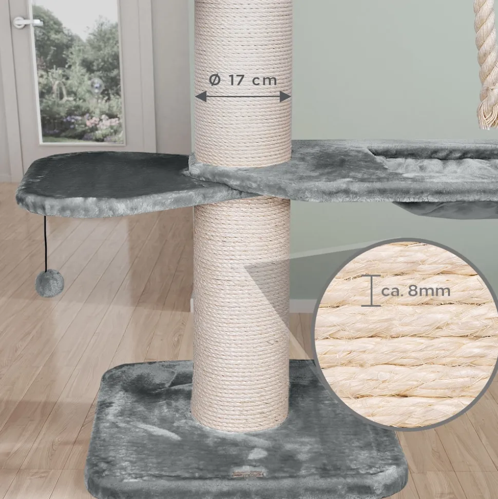 HAPPYPET XXL Kratzbaum-Landschaft für große Katzen - 2-in-1 Aktivitäts- und Sisal-Paradies mit Deckenspanner 280cm hoch | Premium Plüsch | Grau