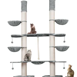 HAPPYPET XXL Kratzbaum-Landschaft für große Katzen - 2-in-1 Aktivitäts- und Sisal-Paradies mit Deckenspanner 280cm hoch | Premium Plüsch | Grau