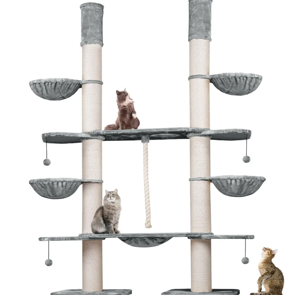 HAPPYPET XXL Kratzbaum-Landschaft für große Katzen - 2-in-1 Aktivitäts- und Sisal-Paradies mit Deckenspanner 280cm hoch | Premium Plüsch | Grau
