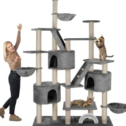 HAPPYPET XXL Kratzbaum Simba deckenhoch 260 cm - Kletterbaum Paradies, Extra Breit, Höhlen, Liegemulden, Großer Katzenbaum Stabil für Katzen, 9 cm Säulen, viel Zubehör | Grau