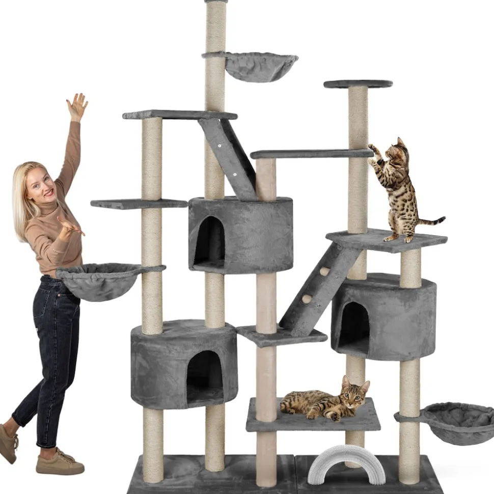 HAPPYPET XXL Kratzbaum Simba deckenhoch 260 cm - Kletterbaum Paradies, Extra Breit, Höhlen, Liegemulden, Großer Katzenbaum Stabil für Katzen, 9 cm Säulen, viel Zubehör | Grau