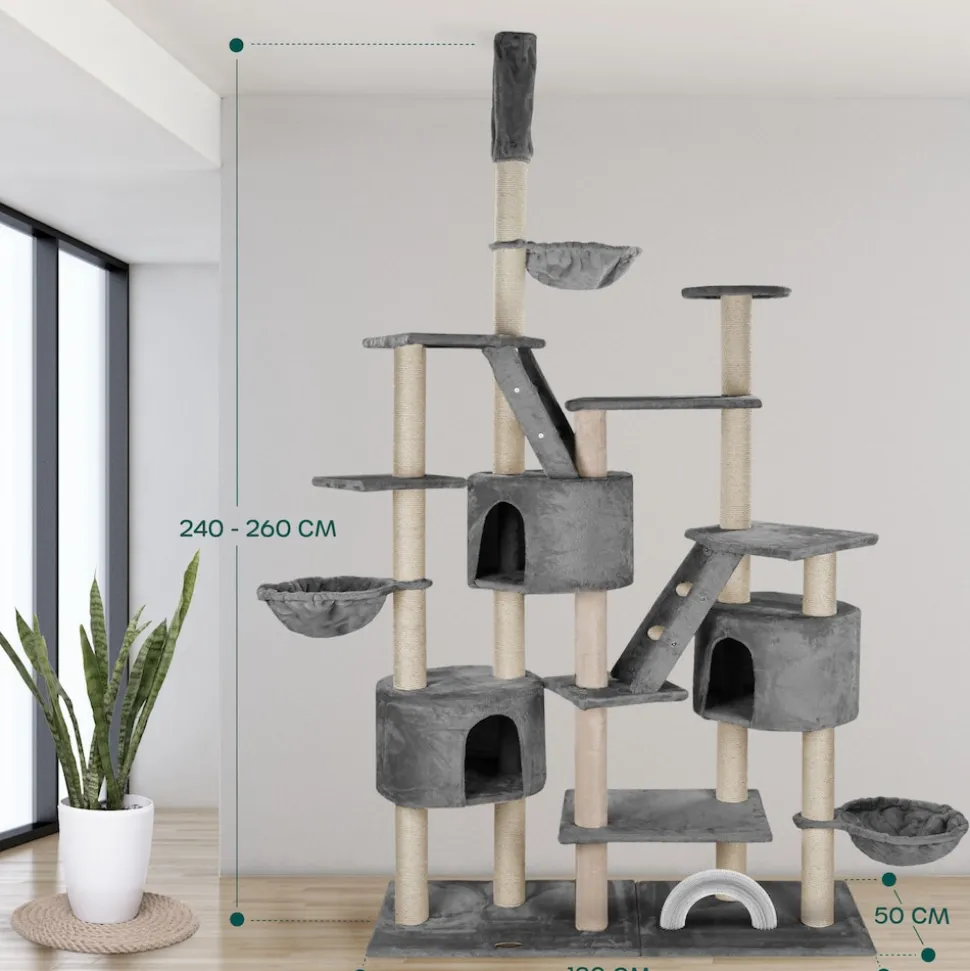 HAPPYPET XXL Kratzbaum Simba deckenhoch 260 cm - Kletterbaum Paradies, Extra Breit, Höhlen, Liegemulden, Großer Katzenbaum Stabil für Katzen, 9 cm Säulen, viel Zubehör | Grau