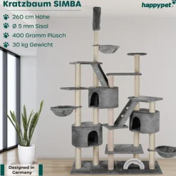 HAPPYPET XXL Kratzbaum Simba deckenhoch 260 cm - Kletterbaum Paradies, Extra Breit, Höhlen, Liegemulden, Großer Katzenbaum Stabil für Katzen, 9 cm Säulen, viel Zubehör | Grau
