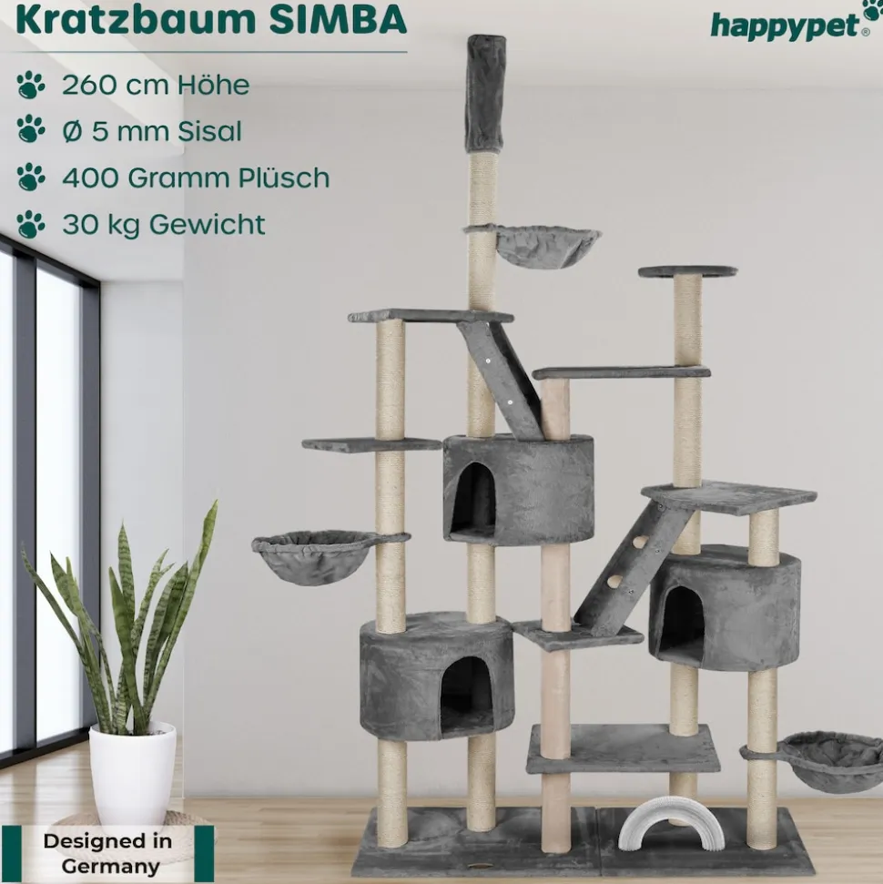 HAPPYPET XXL Kratzbaum Simba deckenhoch 260 cm - Kletterbaum Paradies, Extra Breit, Höhlen, Liegemulden, Großer Katzenbaum Stabil für Katzen, 9 cm Säulen, viel Zubehör | Grau