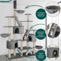 HAPPYPET XXL Kratzbaum Simba deckenhoch 260 cm - Kletterbaum Paradies, Extra Breit, Höhlen, Liegemulden, Großer Katzenbaum Stabil für Katzen, 9 cm Säulen, viel Zubehör | Grau