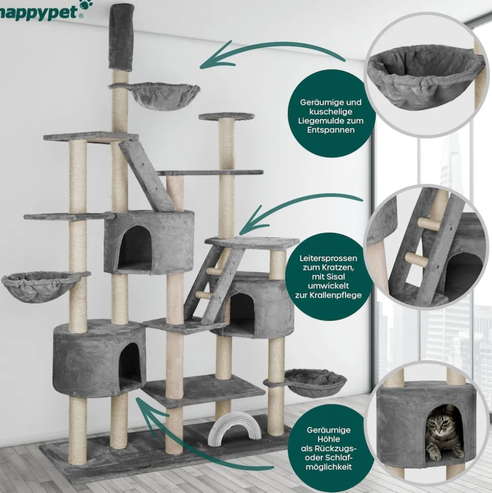 HAPPYPET XXL Kratzbaum Simba deckenhoch 260 cm - Kletterbaum Paradies, Extra Breit, Höhlen, Liegemulden, Großer Katzenbaum Stabil für Katzen, 9 cm Säulen, viel Zubehör | Grau