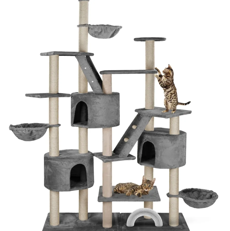 HAPPYPET XXL Kratzbaum Simba deckenhoch 260 cm - Kletterbaum Paradies, Extra Breit, Höhlen, Liegemulden, Großer Katzenbaum Stabil für Katzen, 9 cm Säulen, viel Zubehör | Grau