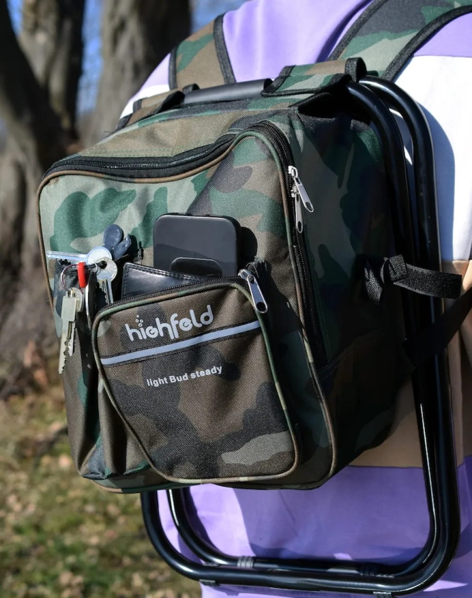 highfeld® Sitzrucksack Ansitzrucksack mit Hocker camouflage Campinghocker Angelhocker Falthocker