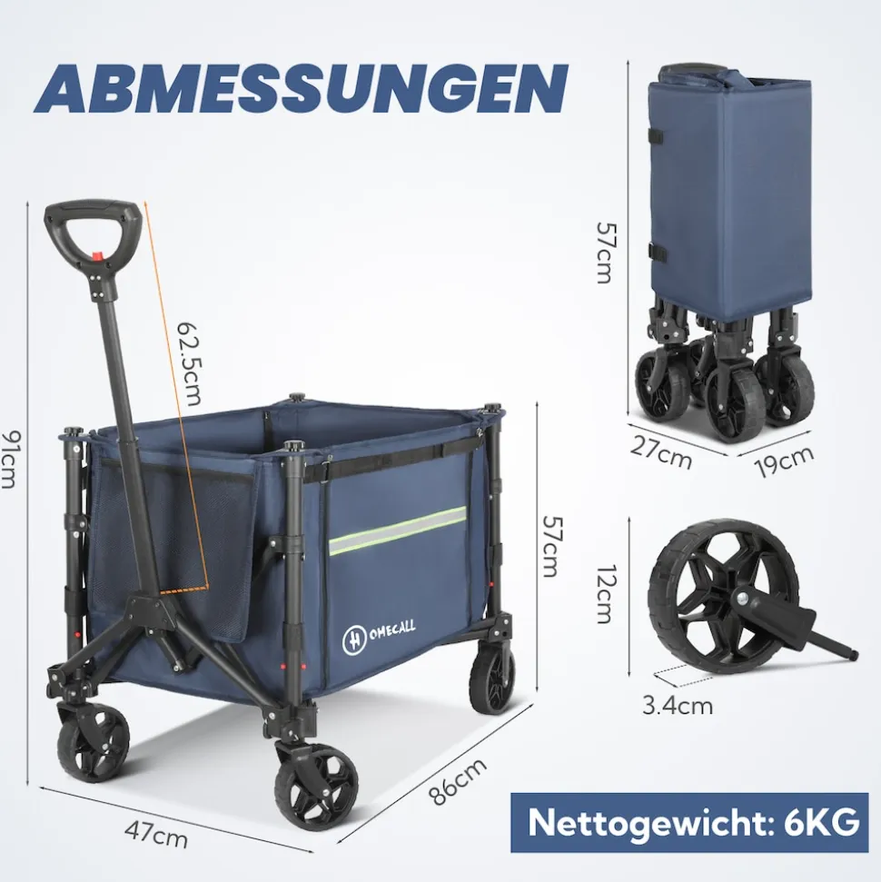 HOMECALL Bollerwagen Handwagen (Erweiterbare Kapazität, bis 100KG, 120L), Für Einkaufen, Camping, Garten, Dogs-Dunkelblau