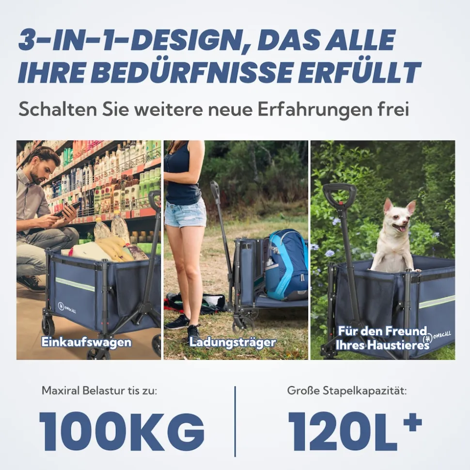 HOMECALL Bollerwagen Handwagen (Erweiterbare Kapazität, bis 100KG, 120L), Für Einkaufen, Camping, Garten, Dogs-Dunkelblau