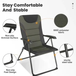 HOMECALL Campingstuhl Gartenstuhl klappbar, polyester, 5 fach Verstellbarer Rückenlehne, bis 150kg, schwarz/grün