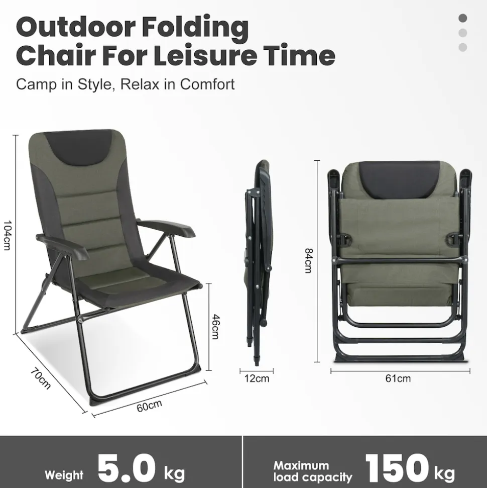 HOMECALL Campingstuhl Gartenstuhl klappbar, polyester, 5 fach Verstellbarer Rückenlehne, bis 150kg, schwarz/grün