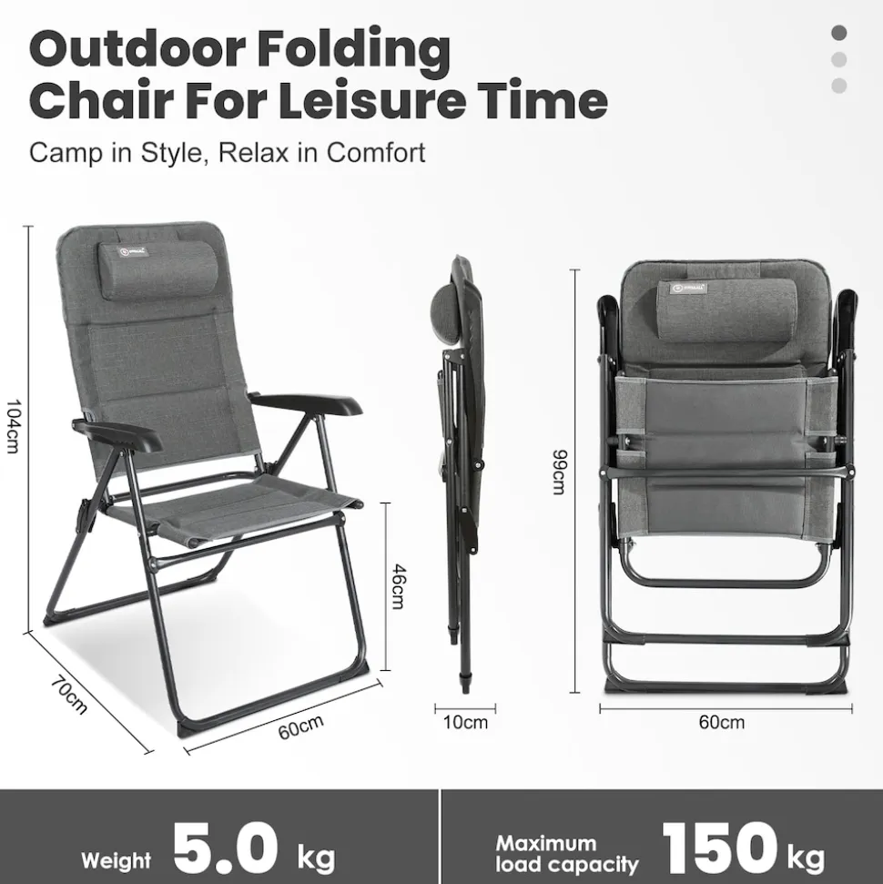 HOMECALL Campingstuhl Gartenstuhl Klappbar, UV+ Olefin-Stoff, 5 fach Verstellbarer Rückenlehne, bis 150kg