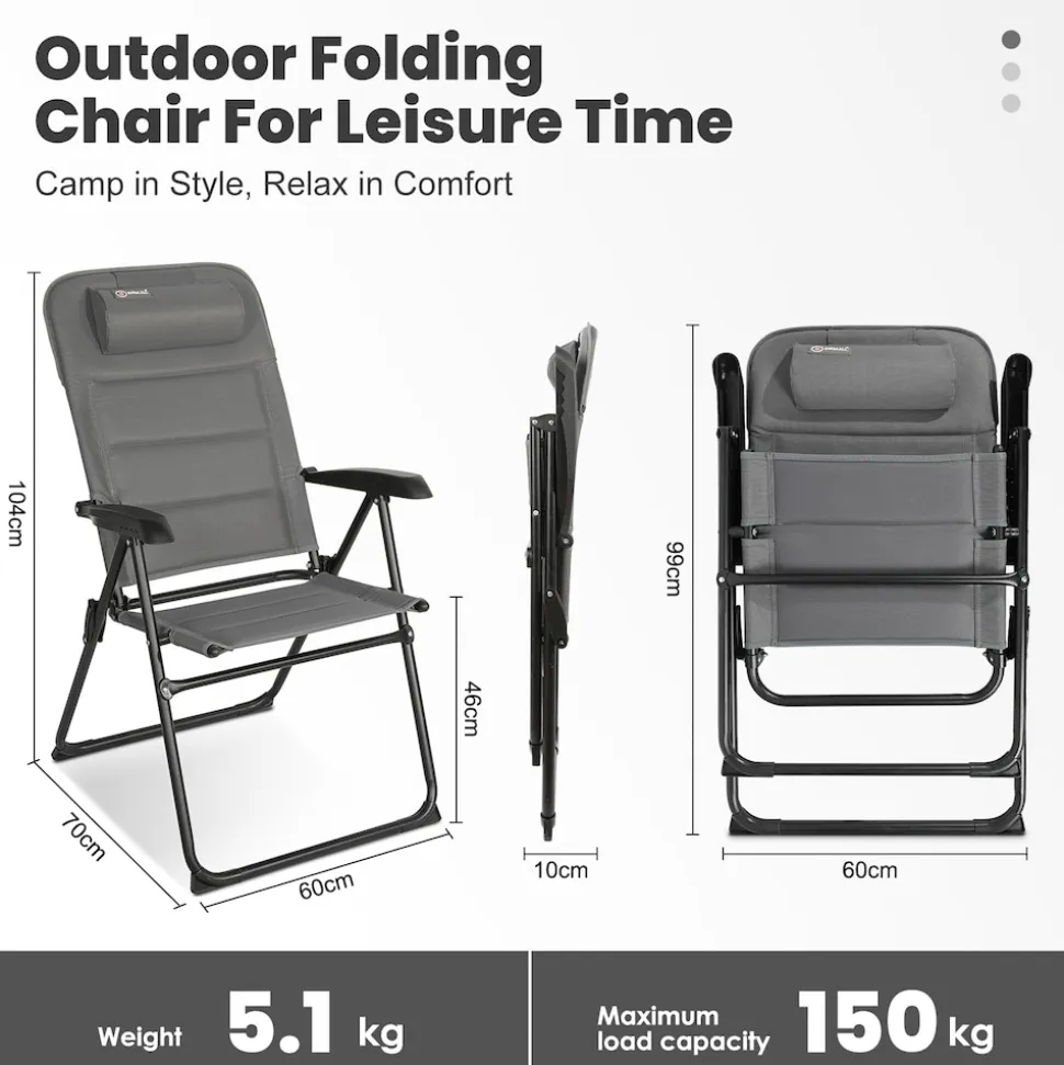 HOMECALL Campingstuhl Gartenstuhl Klappbar, Textilene gepolstert mit Quick-Dry-Schaum, 5 fach Verstellbarer Rückenlehne, bis 150kg