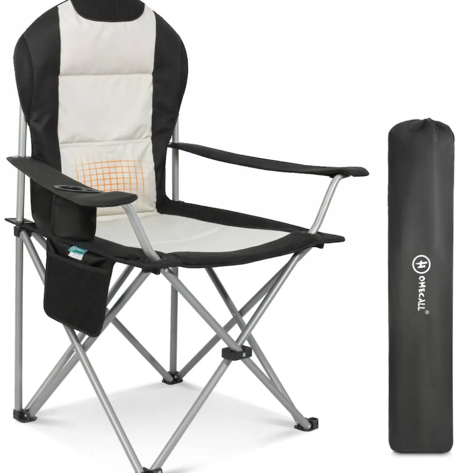 HOMECALL Klappbar Campingstuhl, Hochlehner Angelstuhl, mit Getränkehalter, weiß/schwarz