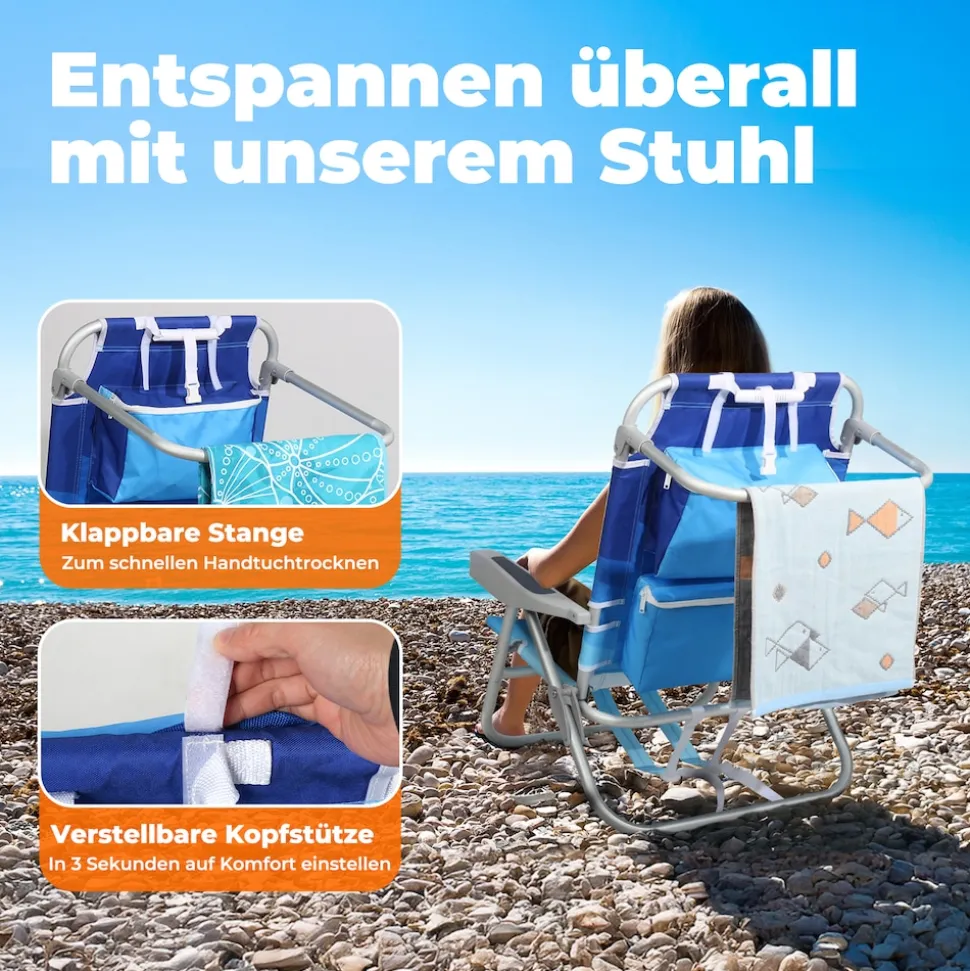 HOMECALL Klappstuhl Strandstuhl Leicht 5-fach verstellbare Rückenlehne, bis 136KG, Aluminiumrahmen, eine große isolierte Kühltasche, Aufbewahrungstasche, 1 St- Blaue Welle