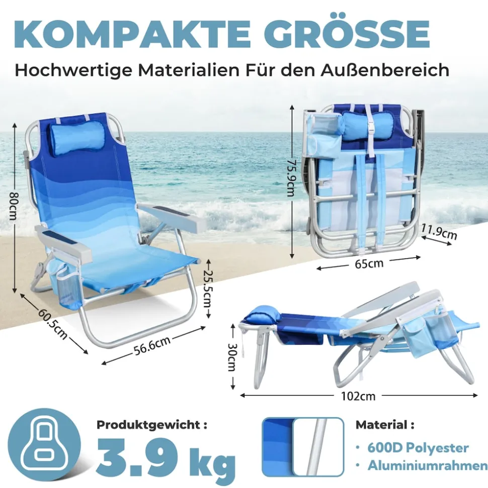 HOMECALL Klappstuhl Strandstuhl Leicht 5-fach verstellbare Rückenlehne, bis 136KG, Aluminiumrahmen, eine große isolierte Kühltasche, Aufbewahrungstasche, 1 St- Blaue Welle