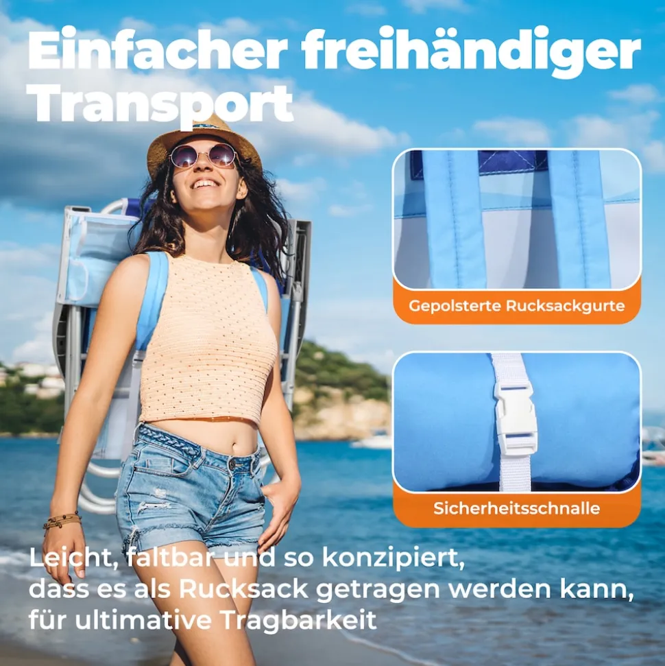 HOMECALL Klappstuhl Strandstuhl Leicht 5-fach verstellbare Rückenlehne, bis 136KG, Aluminiumrahmen, eine große isolierte Kühltasche, Aufbewahrungstasche, 1 St- Blaue Welle