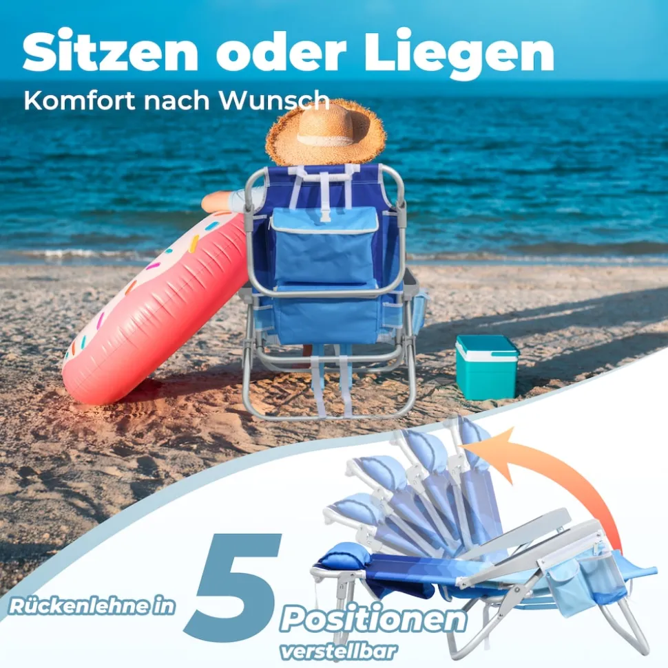 HOMECALL Klappstuhl Strandstuhl Leicht 5-fach verstellbare Rückenlehne, bis 136KG, Aluminiumrahmen, eine große isolierte Kühltasche, Aufbewahrungstasche, 1 St- Blaue Welle