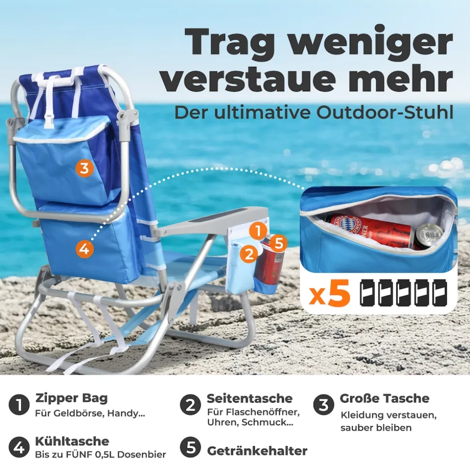 HOMECALL Klappstuhl Strandstuhl Leicht 5-fach verstellbare Rückenlehne, bis 136KG, Aluminiumrahmen, eine große isolierte Kühltasche, Aufbewahrungstasche, 1 St- Blaue Welle