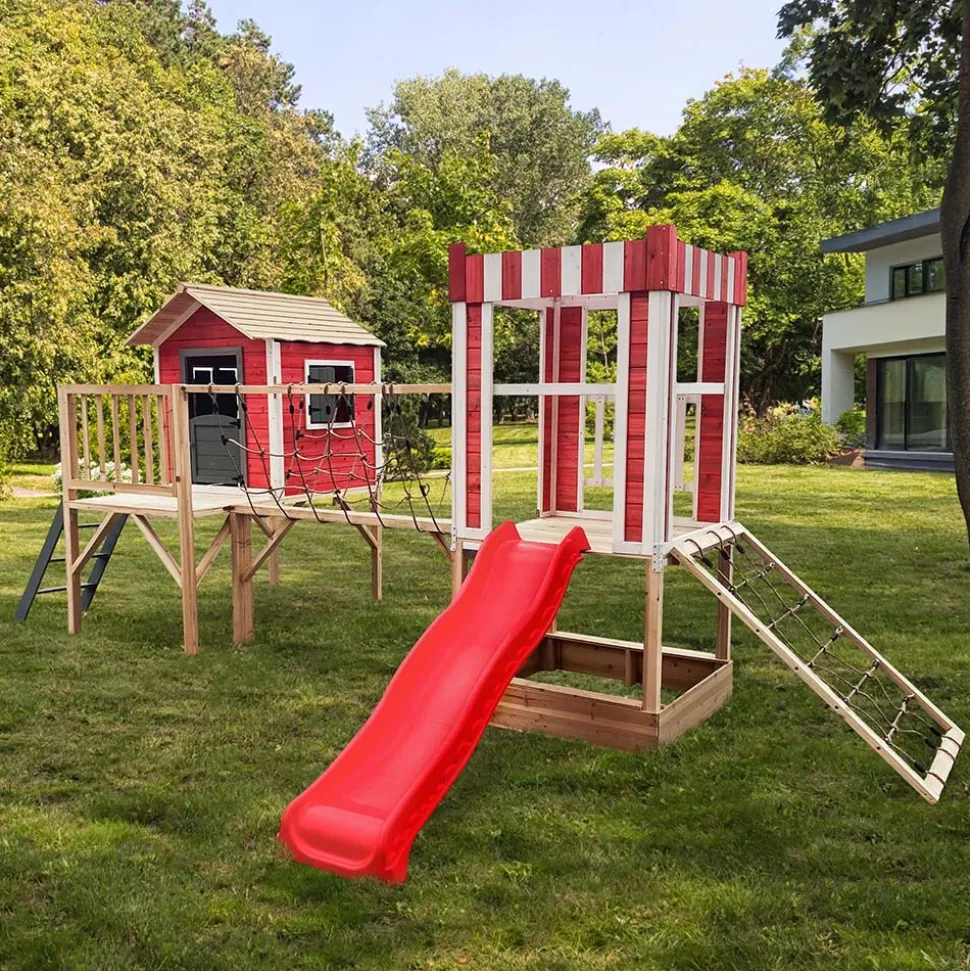 HOME DELUXE Spielpark inkl. Schaukel und Rutsche WUNDERLAND Rot - 555 x 340 cm