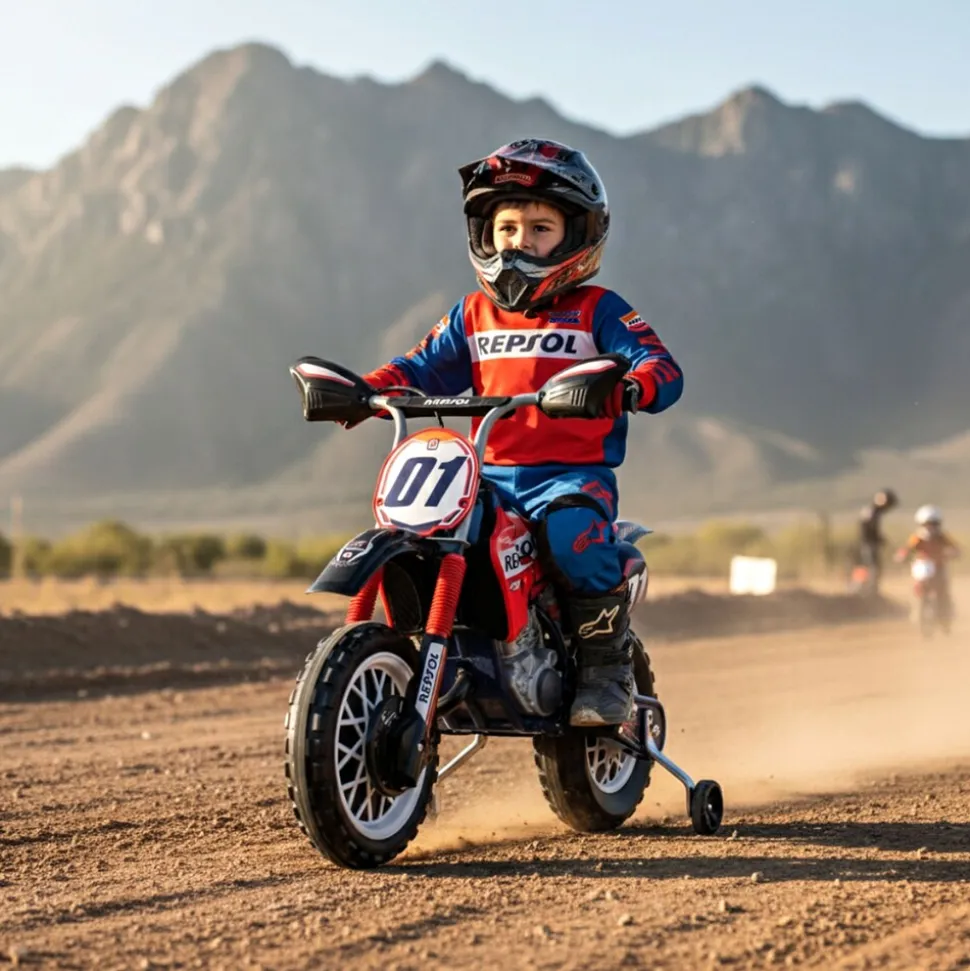 INJUSA Repsol Elektromotorrad für Kinder ab 3 Jahren – Offizielles Racing-Design - Elektrofahrzeug mit Stützrädern & Gaspedal