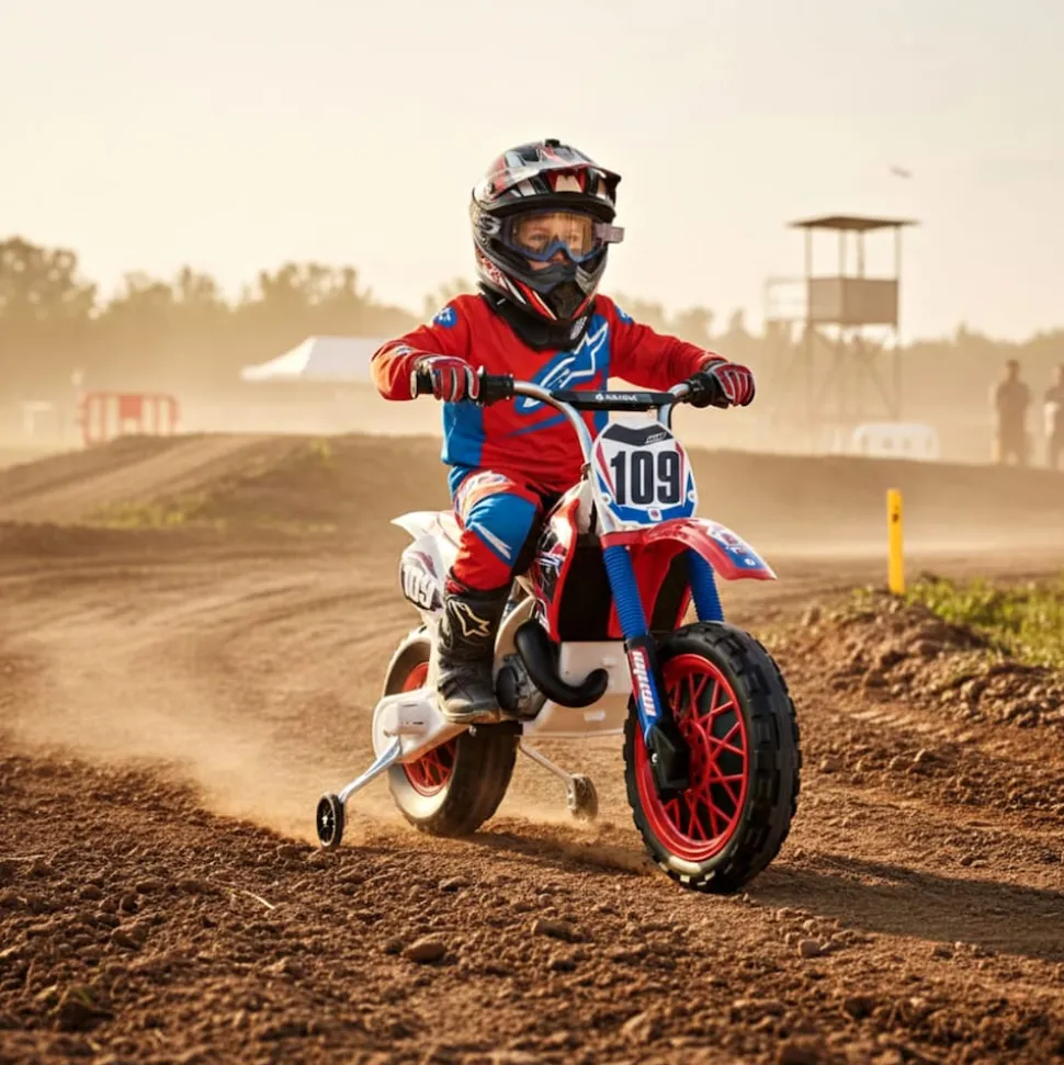 INJUSA Scrambler Cross CR Elektromotorrad für Kinder ab 3 Jahren – 6V Elektro-Motorrad mit Gashebel am Lenker & Stützrädern - 5 km/h