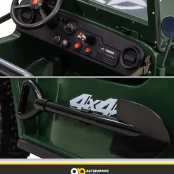 Jeep Willys Kinder-Elektroauto, 3 Sitze und 3 Gurte, Schaufel, Ersatzrad, Federung, Allrad 4x4, LEDs