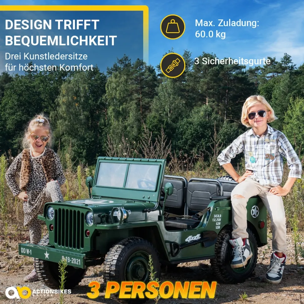 Jeep Willys Kinder-Elektroauto, 3 Sitze und 3 Gurte, Schaufel, Ersatzrad, Federung, Allrad 4x4, LEDs