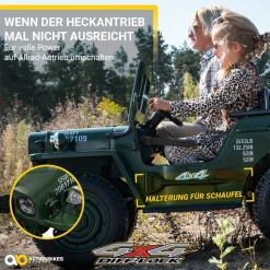 Jeep Willys Kinder-Elektroauto, 3 Sitze und 3 Gurte, Schaufel, Ersatzrad, Federung, Allrad 4x4, LEDs